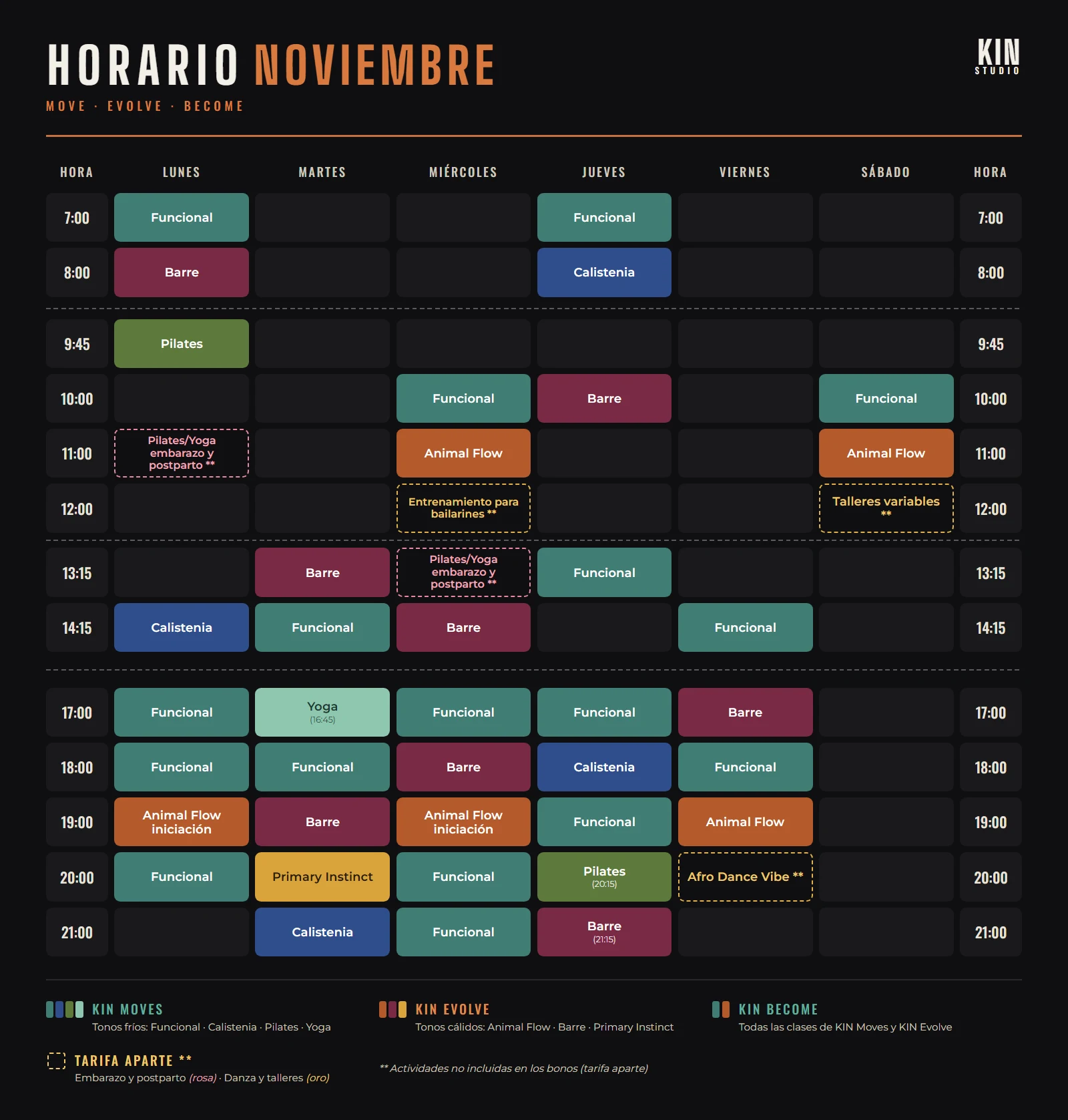 Horario de noviembre de KIN Studio: clases de lunes a sábado de 7:00 a 21:15. En tonos fríos las del plan KIN Moves (Funcional, Calistenia, Pilates y Yoga); en tonos cálidos las del plan KIN Evolve (Animal Flow, Barre y Primary Instinct); con borde discontinuo y dos asteriscos, las de tarifa aparte (embarazo y postparto, y danza y talleres)