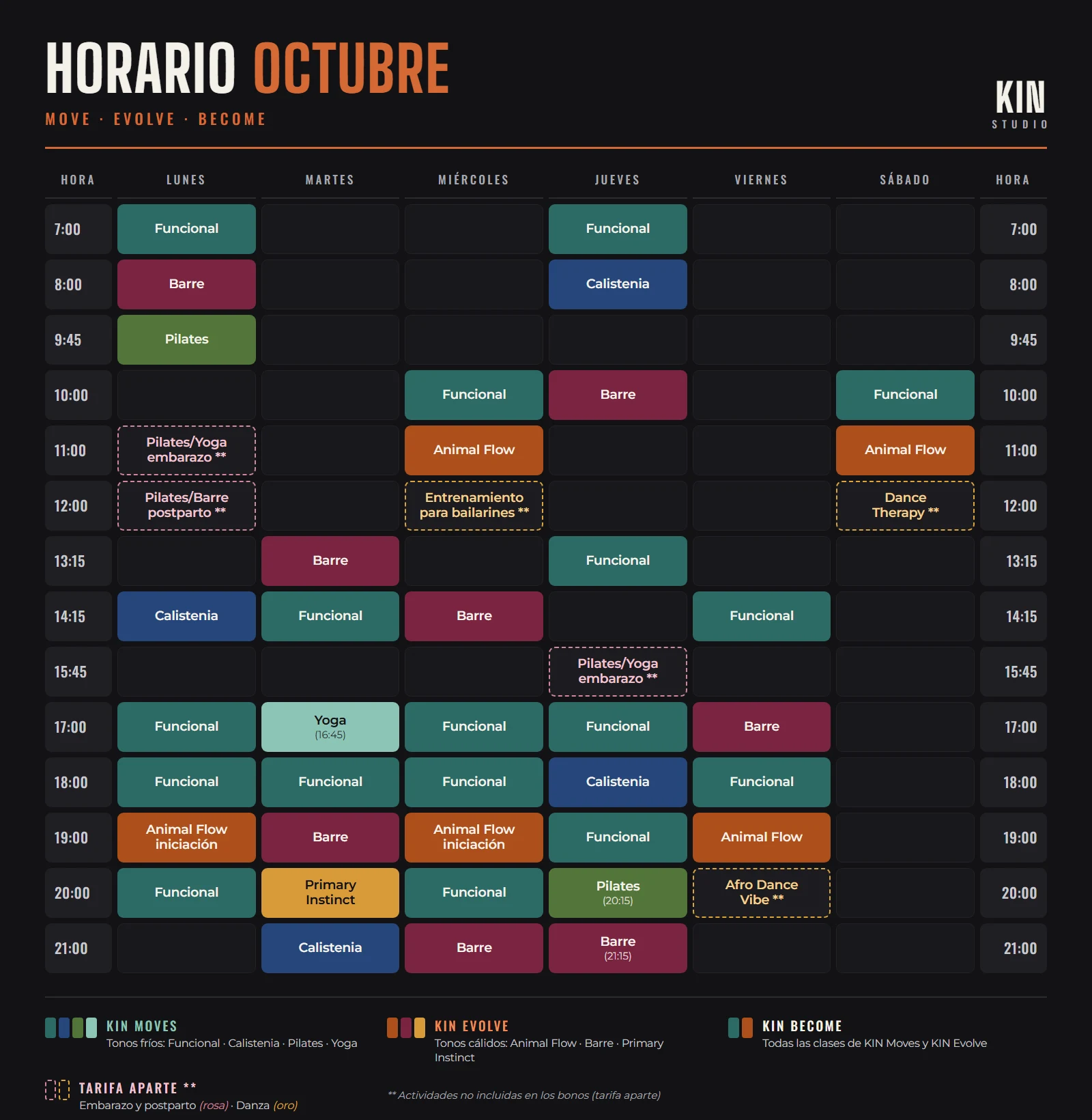 Horario de octubre de KIN Studio: clases de lunes a sábado de 7:00 a 21:15. En tonos fríos las del plan KIN Moves (Funcional, Calistenia, Pilates y Yoga); en tonos cálidos las del plan KIN Evolve (Animal Flow, Barre y Primary Instinct); con borde discontinuo y dos asteriscos, las de tarifa aparte (embarazo y postparto, y danza)