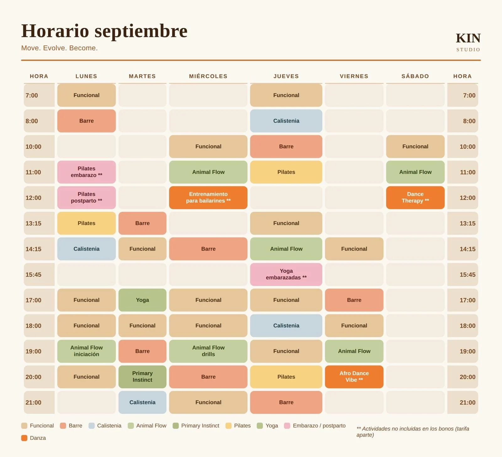 Horario de septiembre de KIN Studio: clases de lunes a sábado de 7:00 a 21:00 de Funcional, Barre, Calistenia, Animal Flow, Primary Instinct, Pilates y Yoga; actividades con tarifa aparte marcadas con dos asteriscos